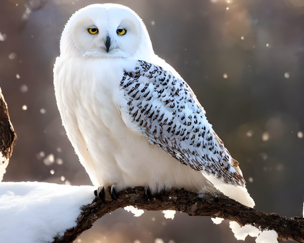 Snowy Owl Perched on Snow-Covered Branch with Yellow Eyes