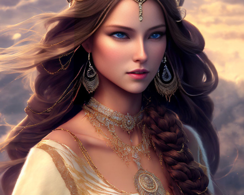 Digital portrait of woman with braided hair and gold jewelry against cloudy sky