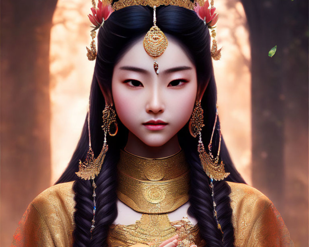 Digital artwork of woman in elegant traditional royal attire with gold jewelry and crown.