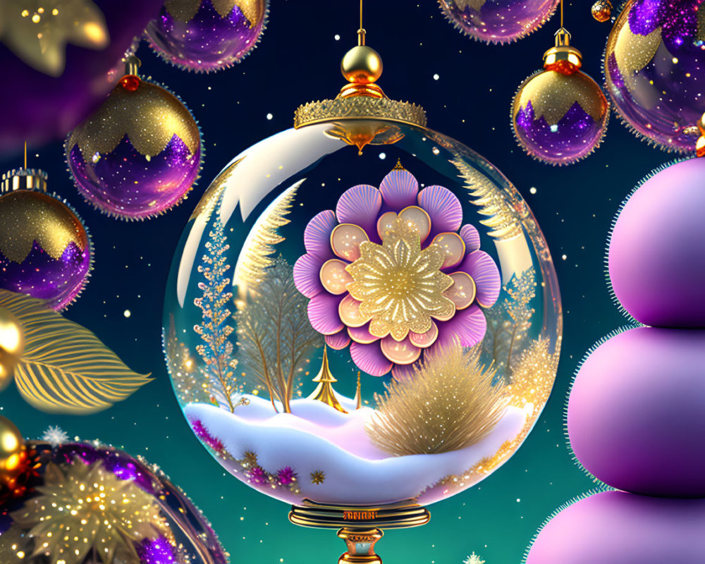 Snow Globe with Pink Flower and Christmas Ornaments on Starry Night Sky