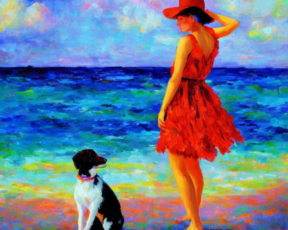 Woman in red dress and hat by the sea with dog in vibrant colors