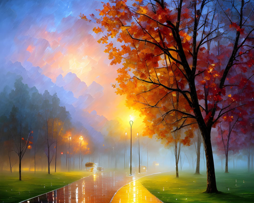 Twilight autumn park scene with rain, glowing lamps, colorful trees