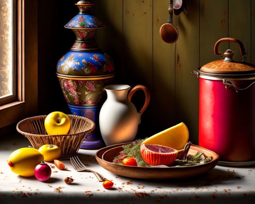 Colorful ceramics, fruits, and utensils on dark background