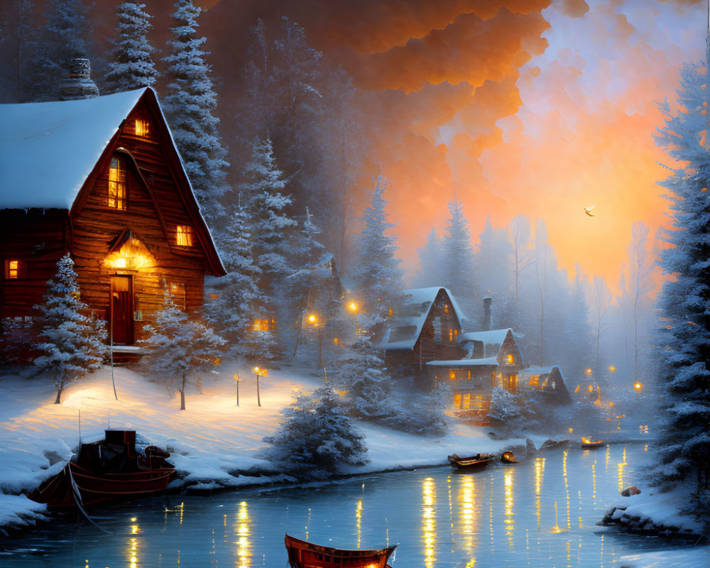 Snow-covered cabins, boats on river in winter sunset scene