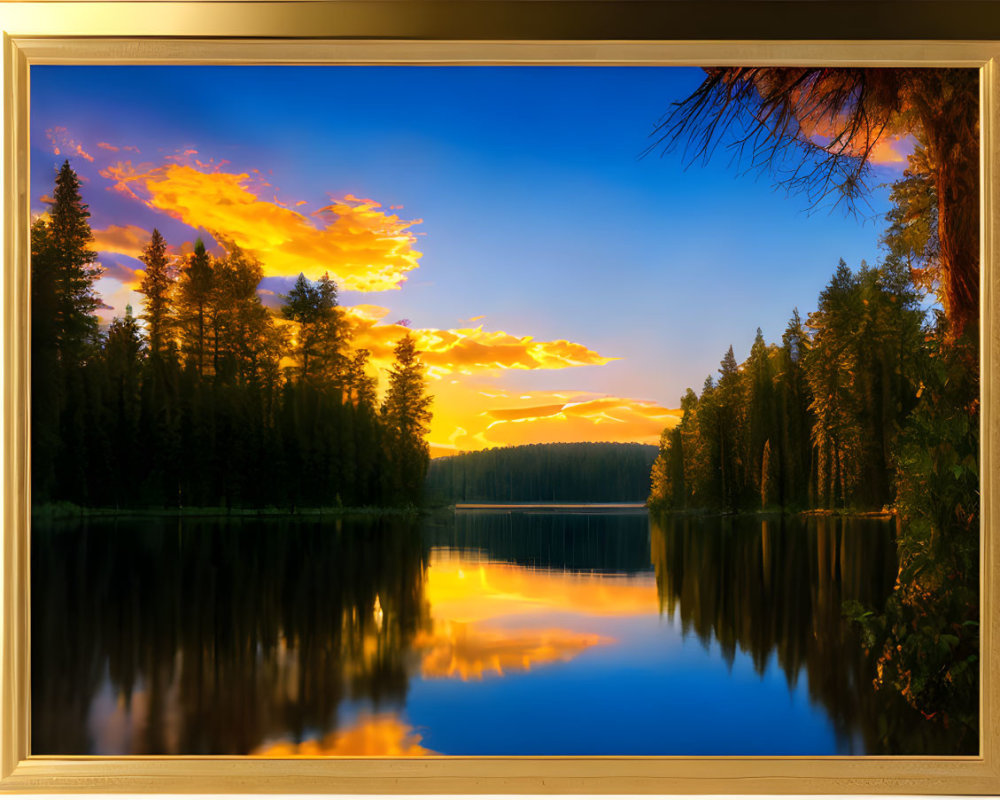 Tranquil Lake at Sunset with Silhouetted Pine Trees