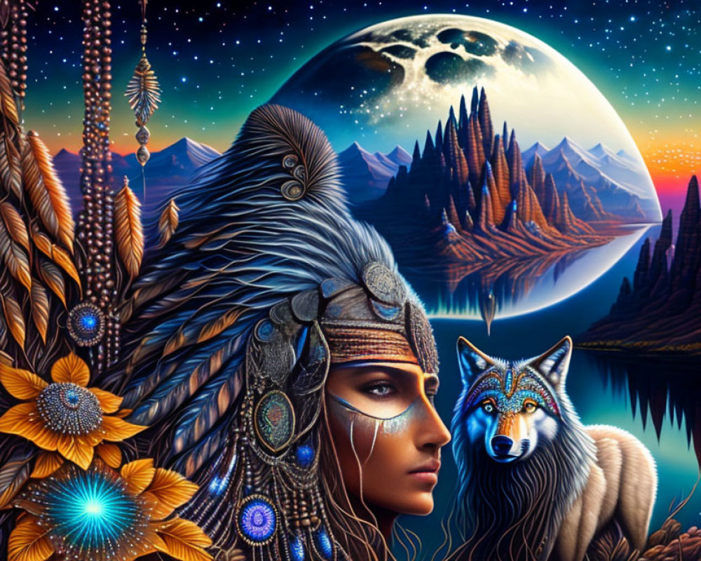 Colorful painting of woman in Native American headdress with wolf, mountains, full moon, and glowing