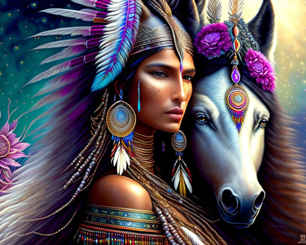 Native American-inspired headdress woman and horse with intricate beadwork