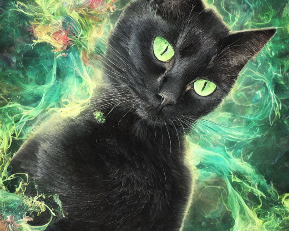 Black Cat with Green Eyes in Colorful Smoky Background