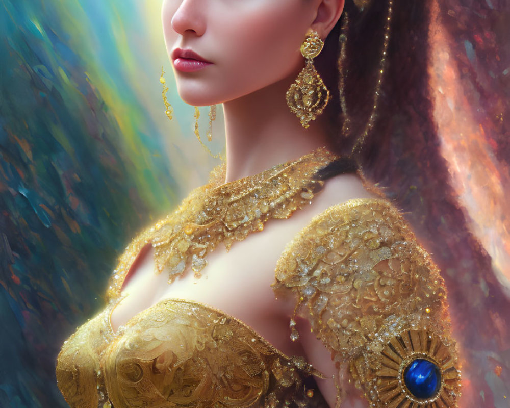 Digital artwork of woman in golden jewelry and sapphire attire on radiant backdrop