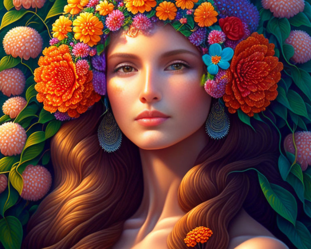 Woman with Floral Crown and Long Wavy Hair Exudes Serene Nature Beauty