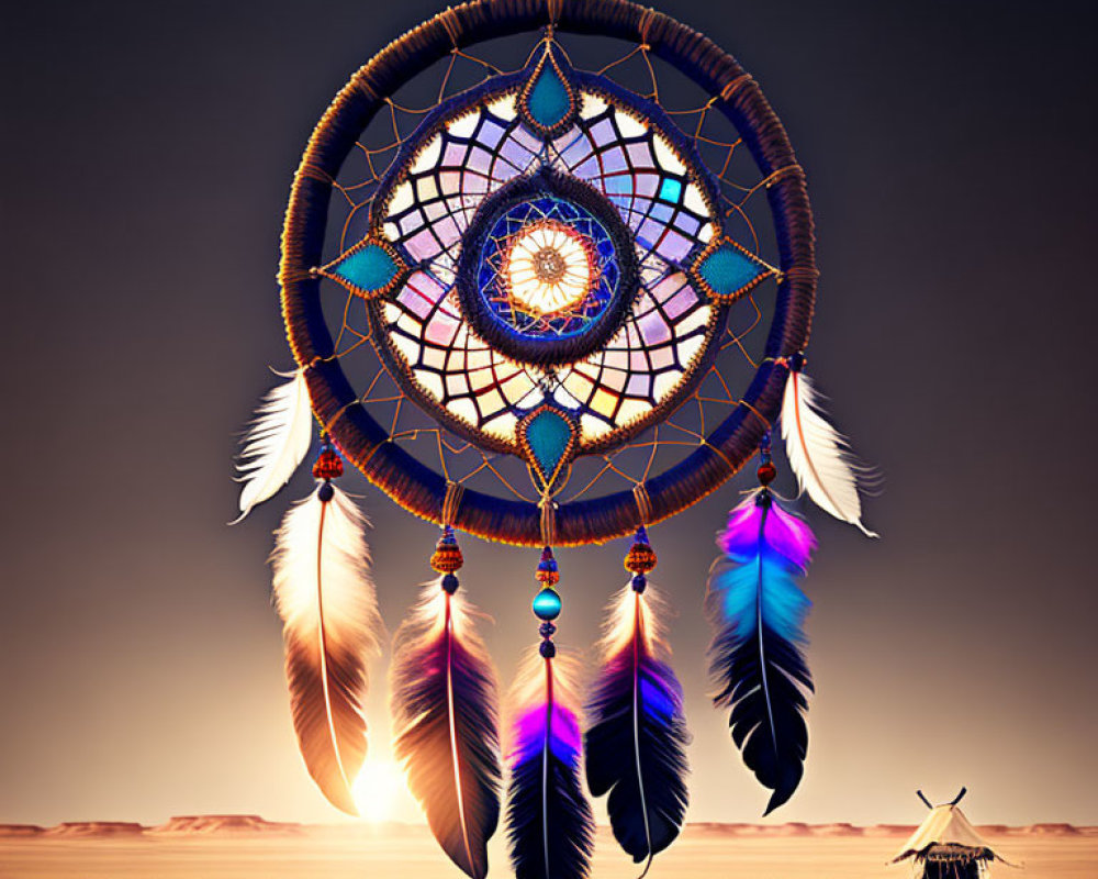 Colorful dreamcatcher with feathers and beads in desert sunrise scene.