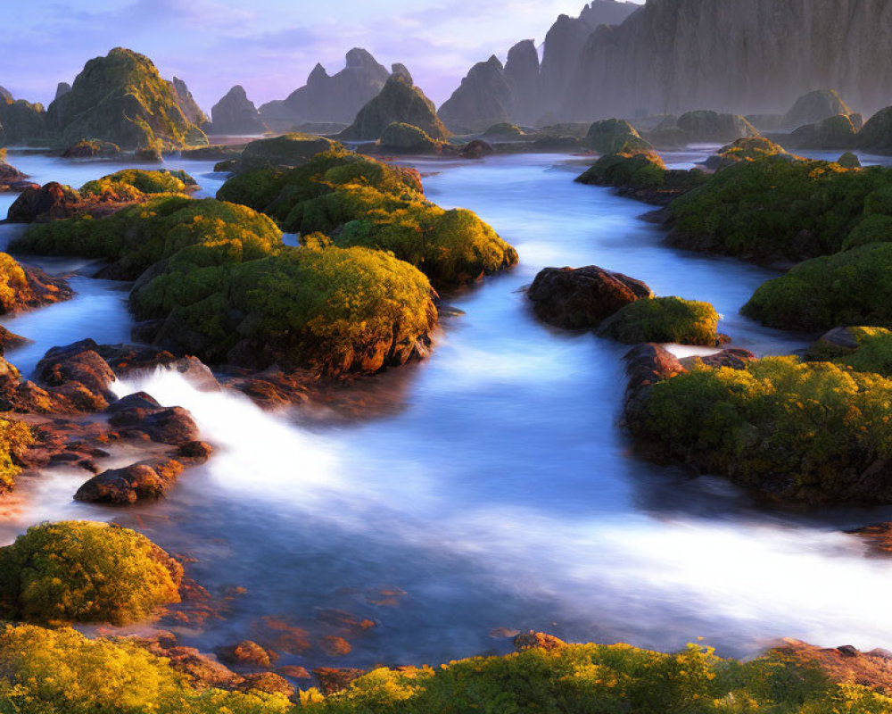 Tranquil river, lush greenery, rocky mountains, golden-hour sky