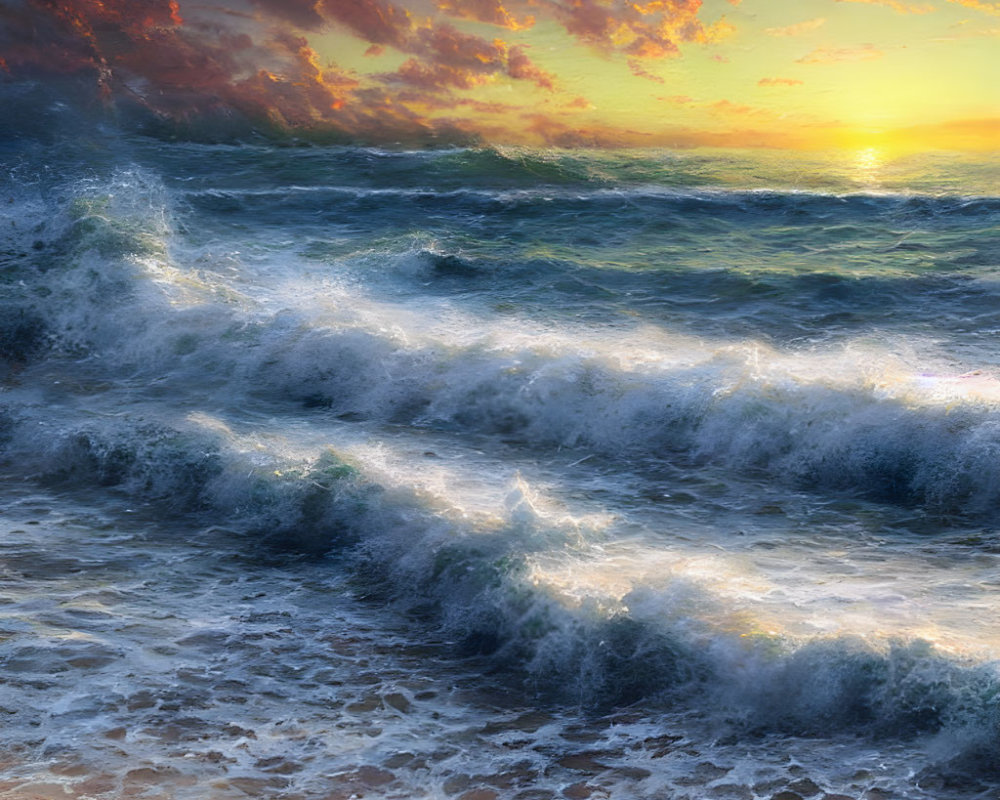 Dramatic sunset with radiant clouds over rough sea waves