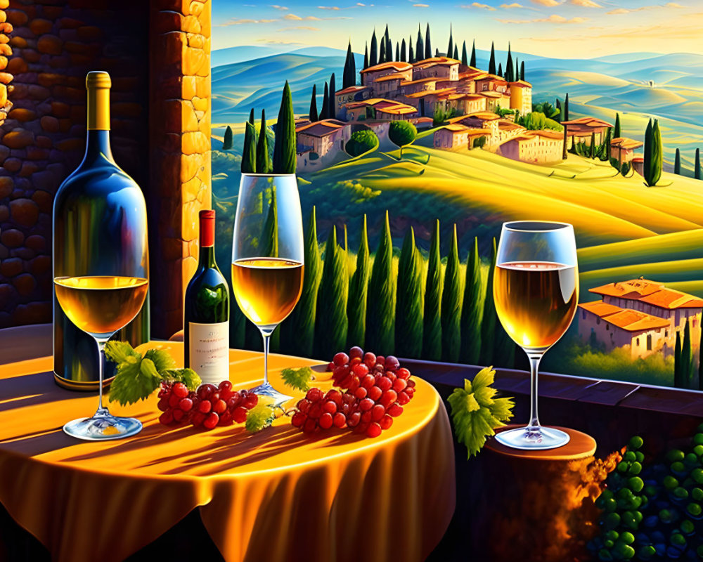 Vibrant painting of table with wine glasses, grapes, and bottle in Tuscan sunset landscape