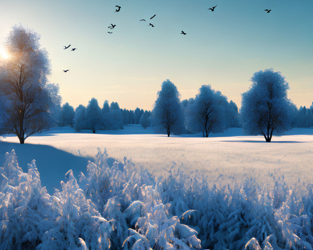 Snow-covered trees in serene winter landscape with golden sunrise and birds flying.