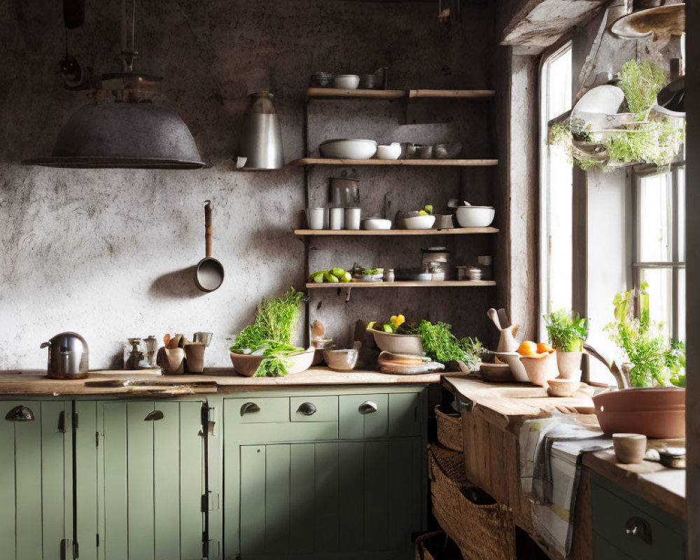 Rustic kitchen with green cabinets, wooden countertops, open shelving, and hanging metallic lamps