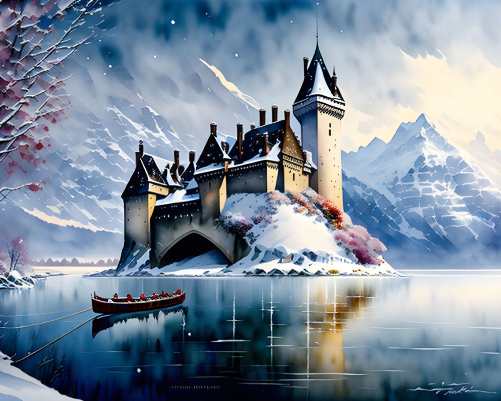 Majestic castle by frozen lake with red boat in twilight snowfall