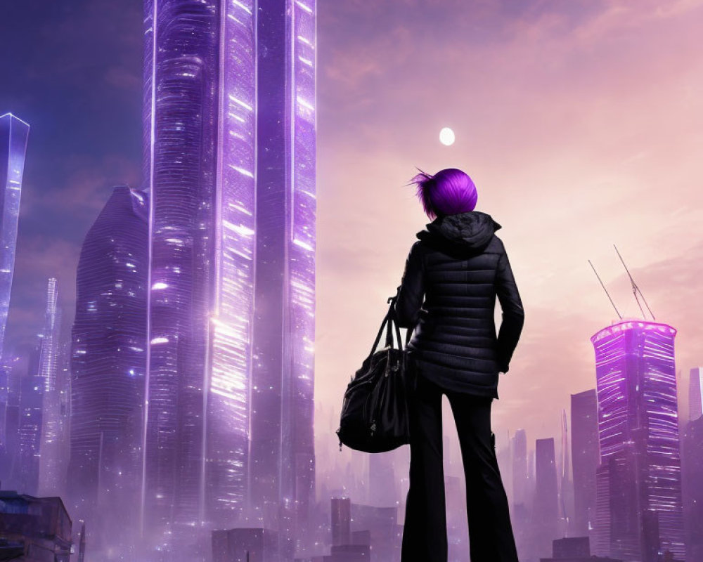 Futuristic cityscape with glowing purple skyscrapers at dusk