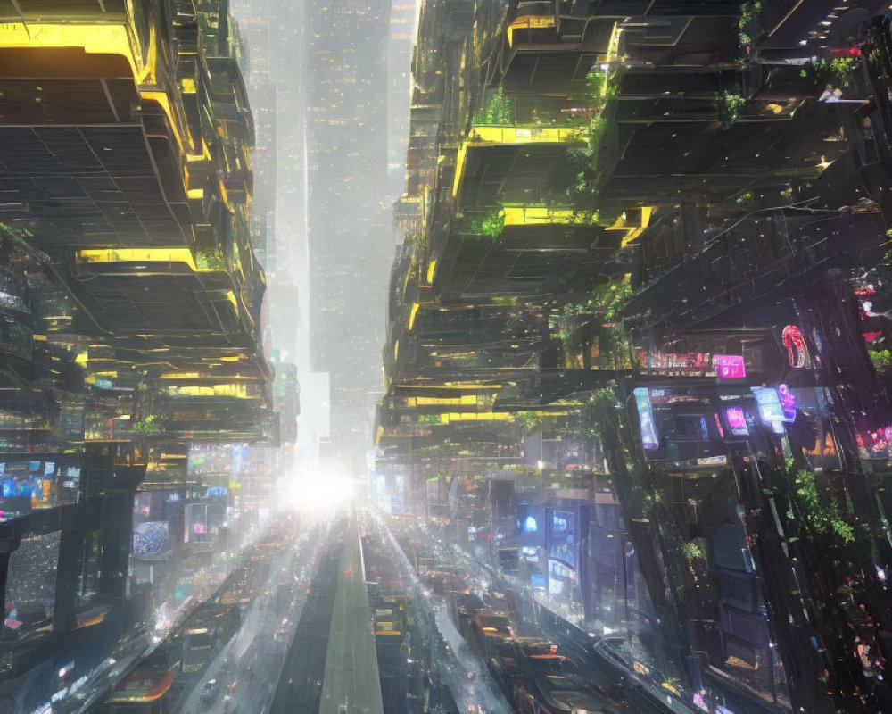 Futuristic Cityscape with Neon Skyscrapers and Traffic