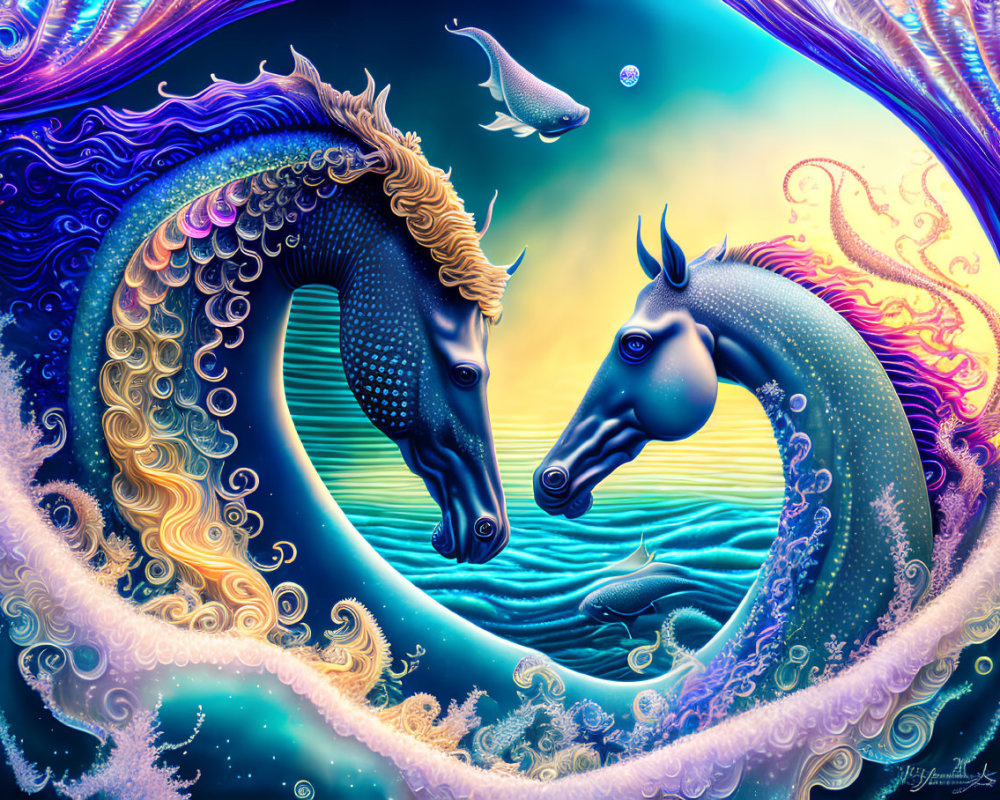 Colorful Stylized Seahorses in Vibrant Underwater Scene