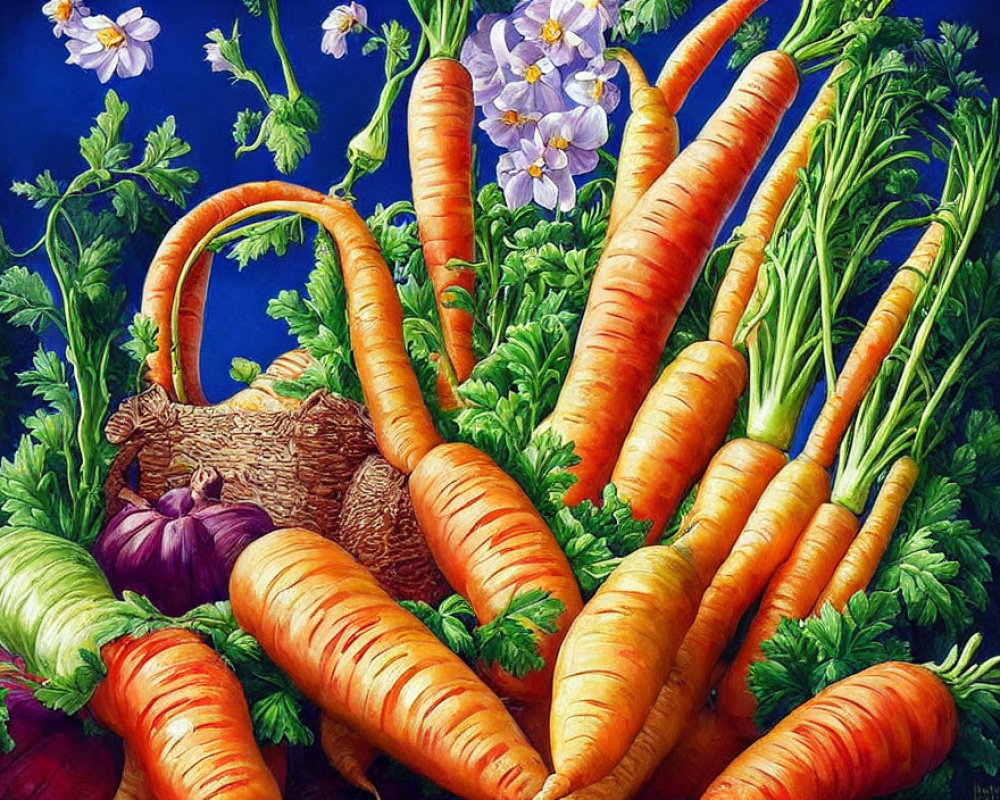 Colorful Still Life Painting: Large Orange Carrots, Purple Garlic, White Flowers on Blue Background