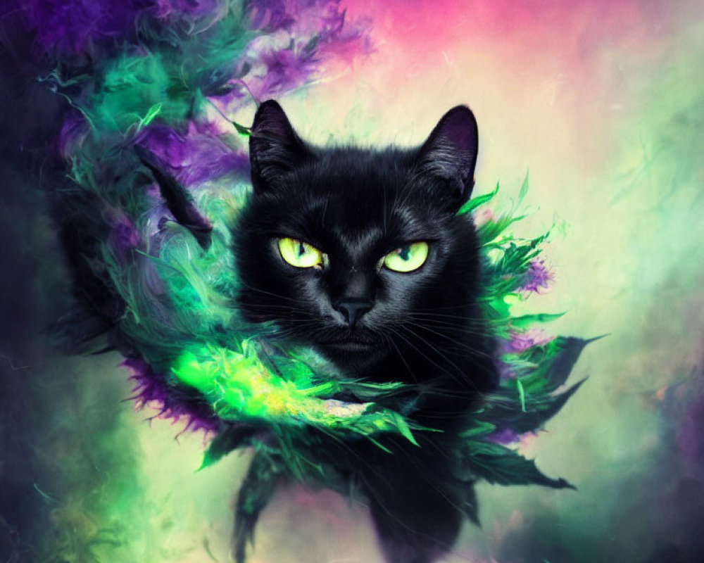 Black Cat with Striking Green Eyes in Mystical Feathers