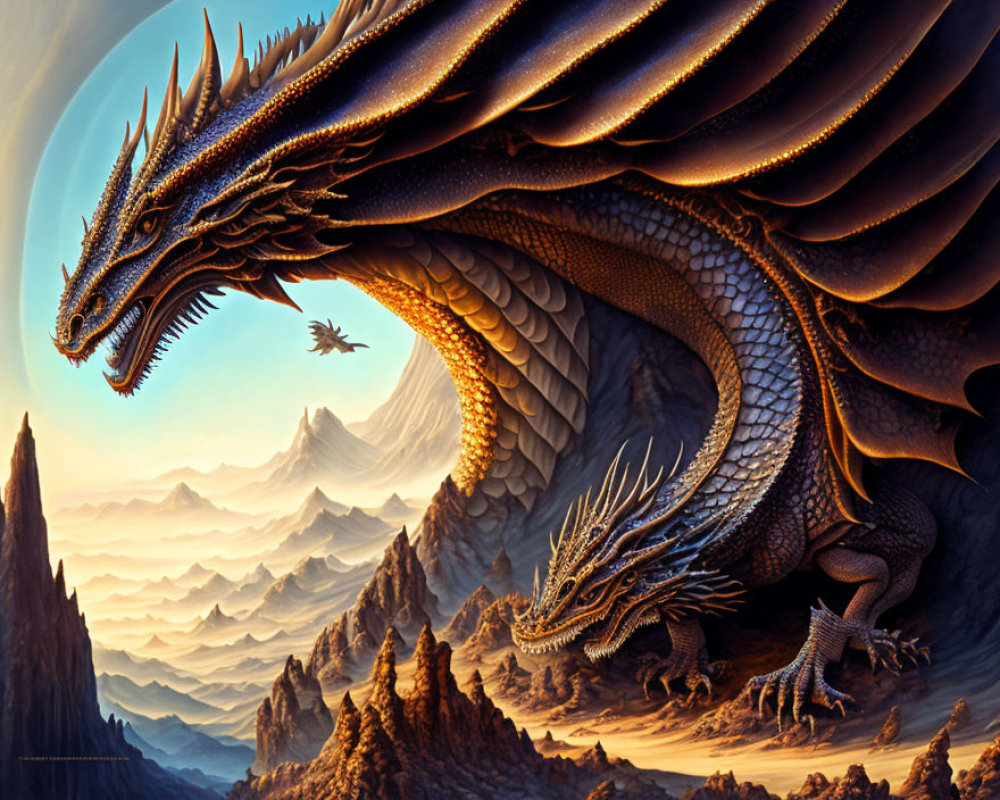 Majestic dragon and fantasy landscape with spires and flying dragon