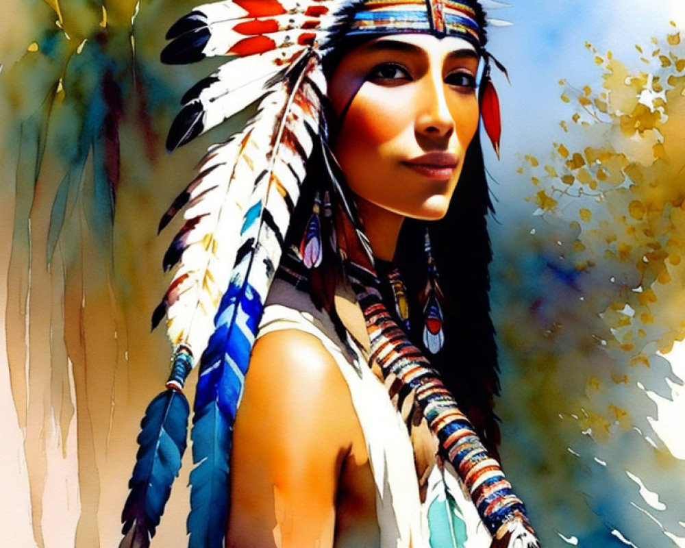 Vibrant painting of person in feathered headdress with colorful background