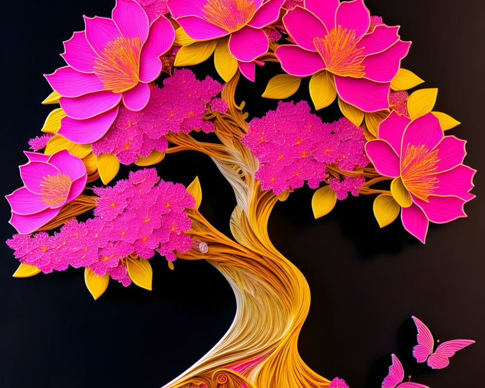 Colorful digital artwork featuring stylized tree with pink blossoms and butterflies on dark background