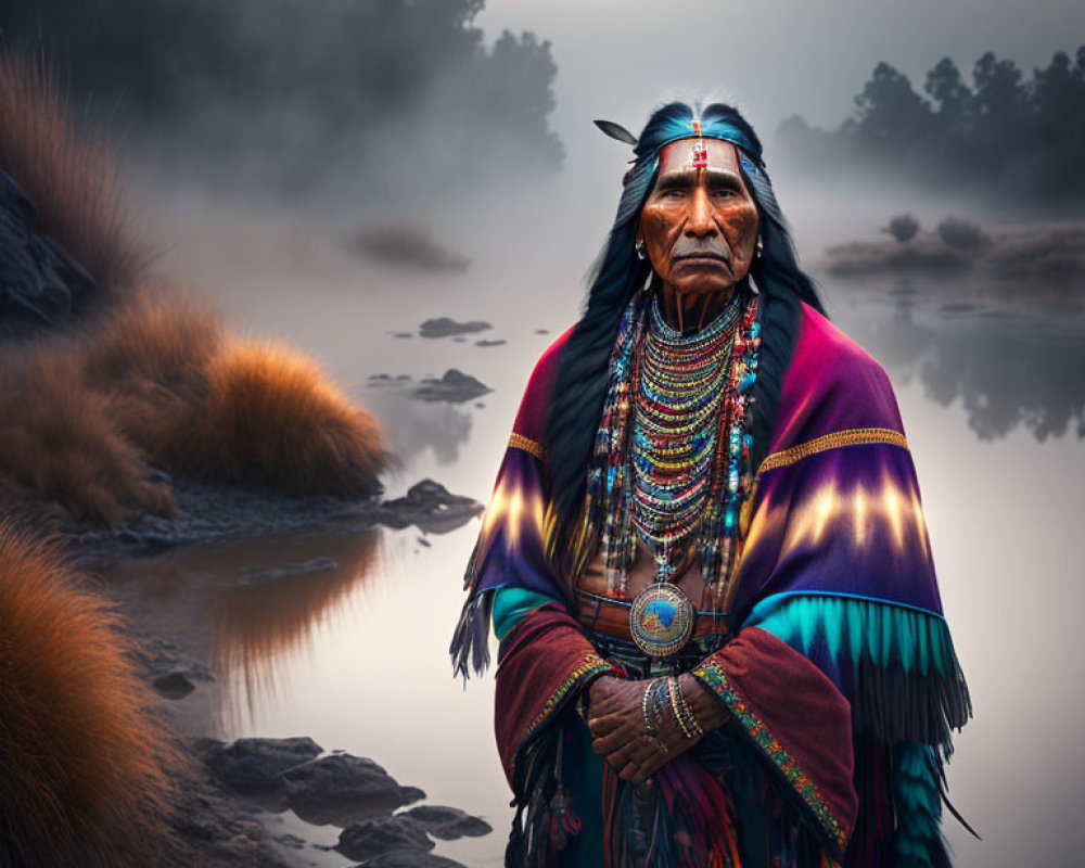 Native American man in traditional attire by foggy waterfront