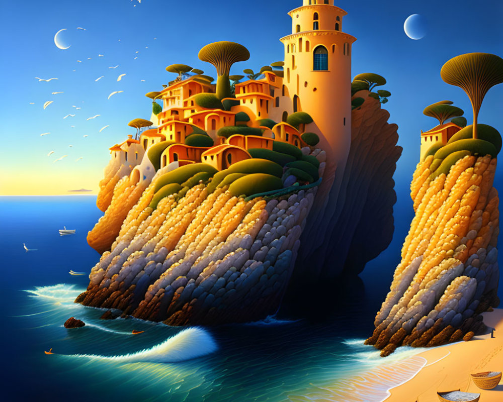 Fantastical coastal scene with mushroom-like structures under crescent moon