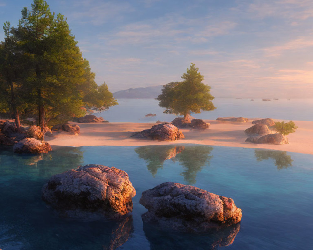 Serene Sunset Over Crystal-Clear Lake and Pine Trees