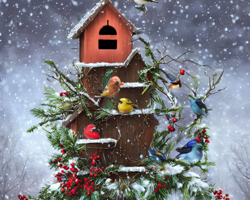 Colorful birdhouse with birds, berries, and snow-covered greenery