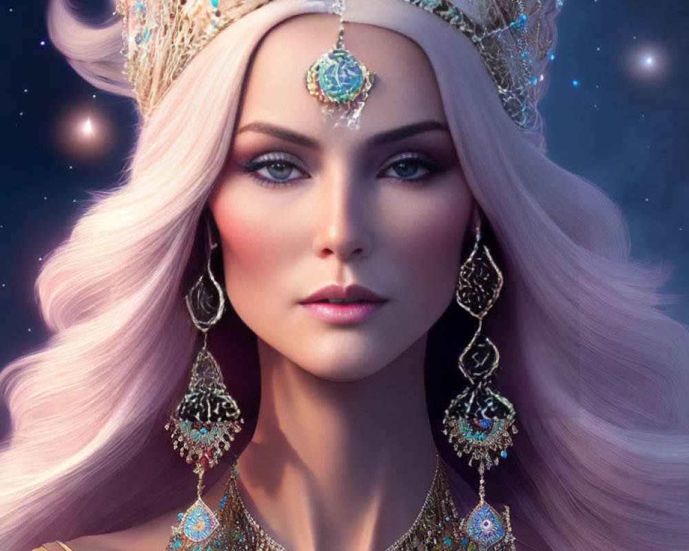 Digital artwork: Woman with pink hair, crown, gold and turquoise jewelry on starry background