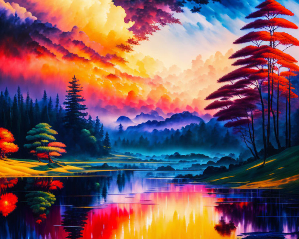 Colorful landscape painting: fiery sunset, reflected clouds, serene lake, vibrant trees.