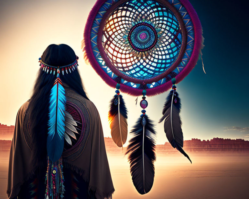 Native American person in traditional attire with dreamcatcher in desert landscape at dusk