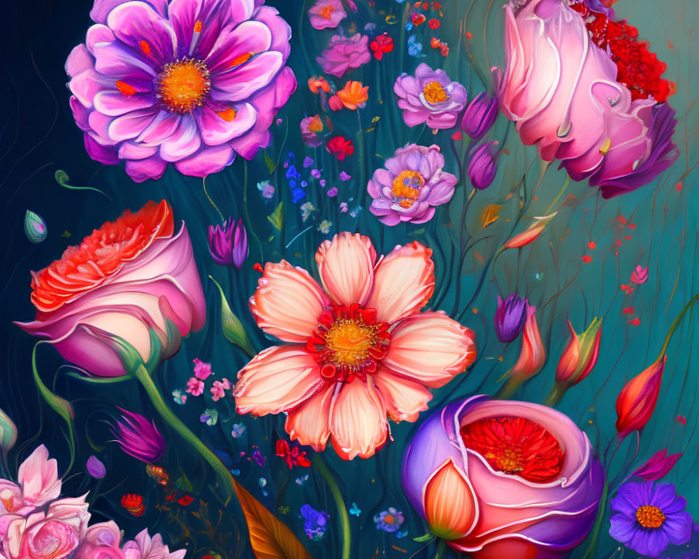 Colorful Flower Illustration with Pink, Red, Orange, and Purple Blooms