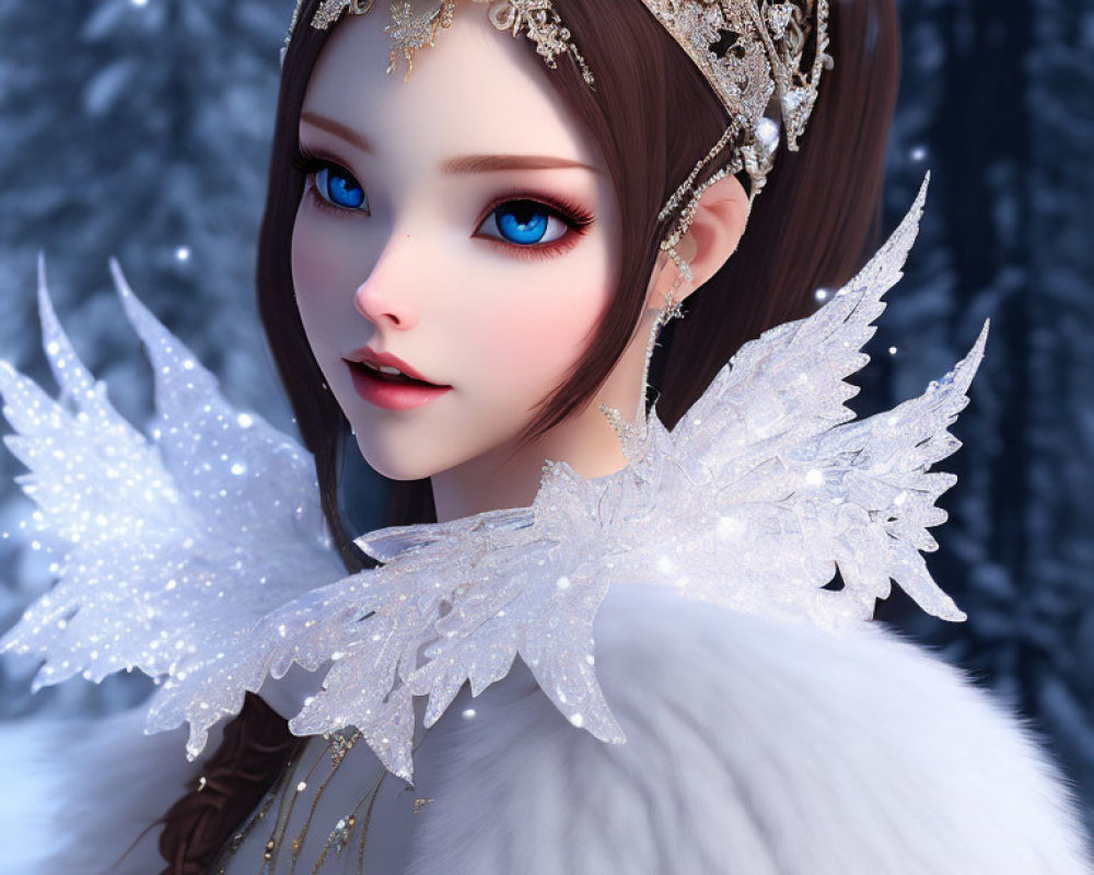 Fantasy ice fairy portrait with white wings and crown in snowy forest