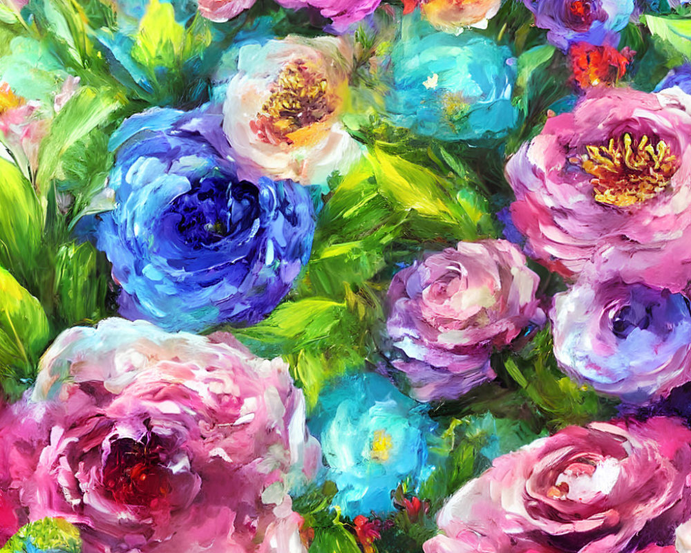 Colorful Impressionistic Painting of Flowers in Pink and Blue