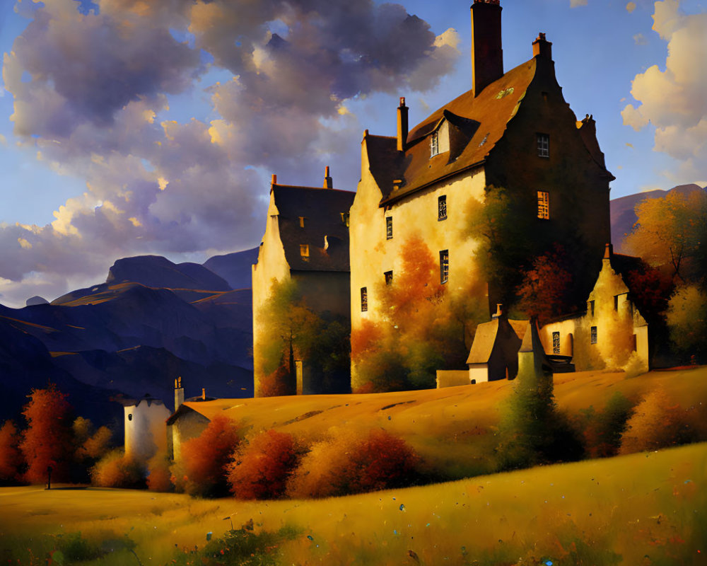 Stone castle painting in golden fields with mountains and warm sky