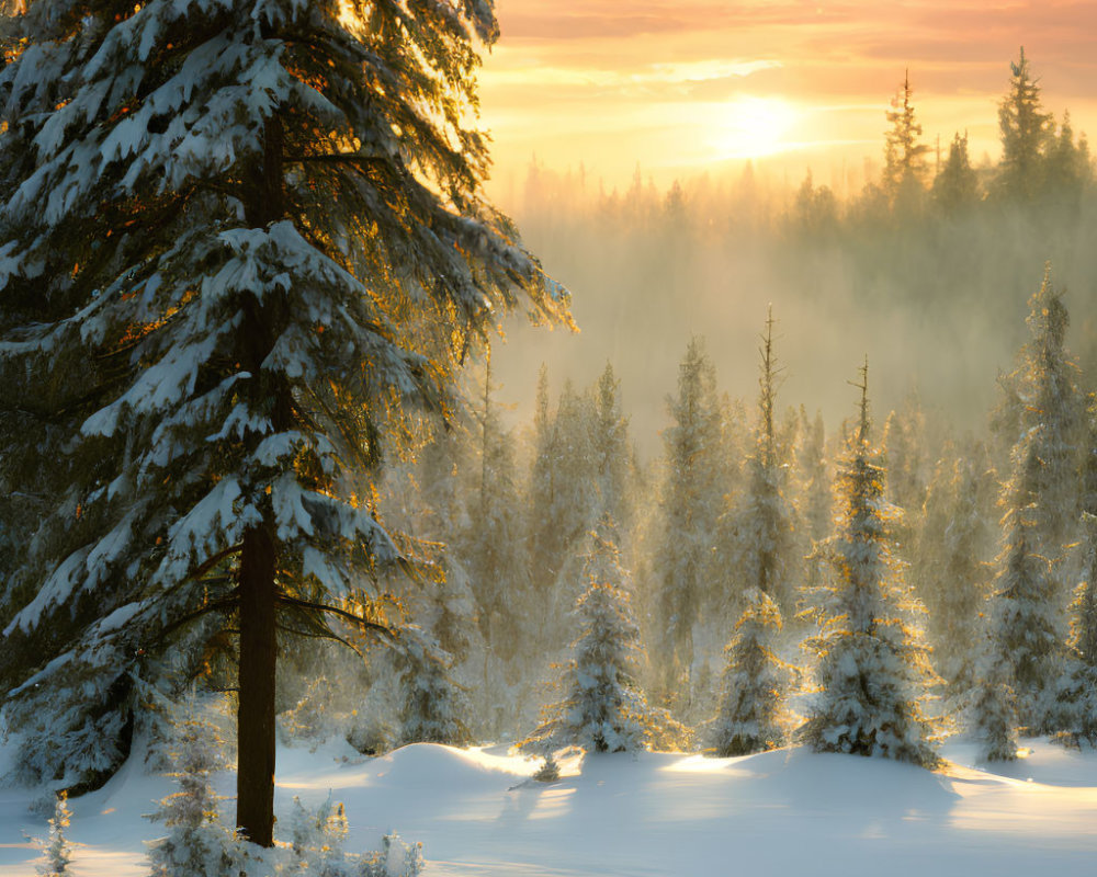 Sunrise illuminates misty snow-covered evergreen forest