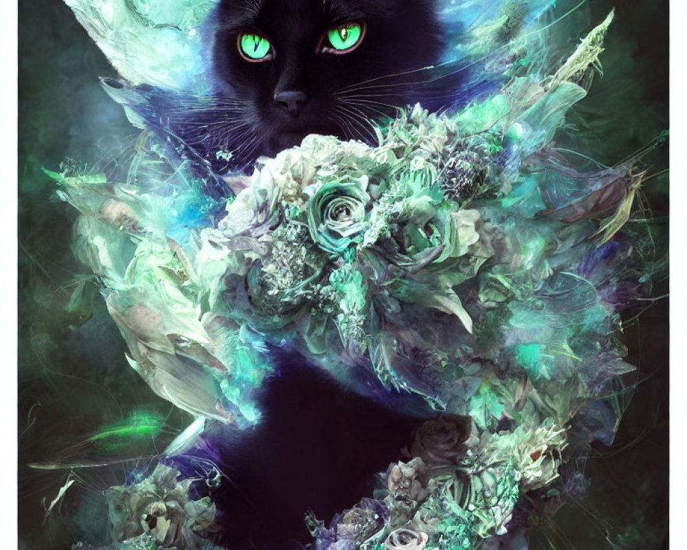 Mystical black cat with green eyes in ethereal blue and white floral wreath