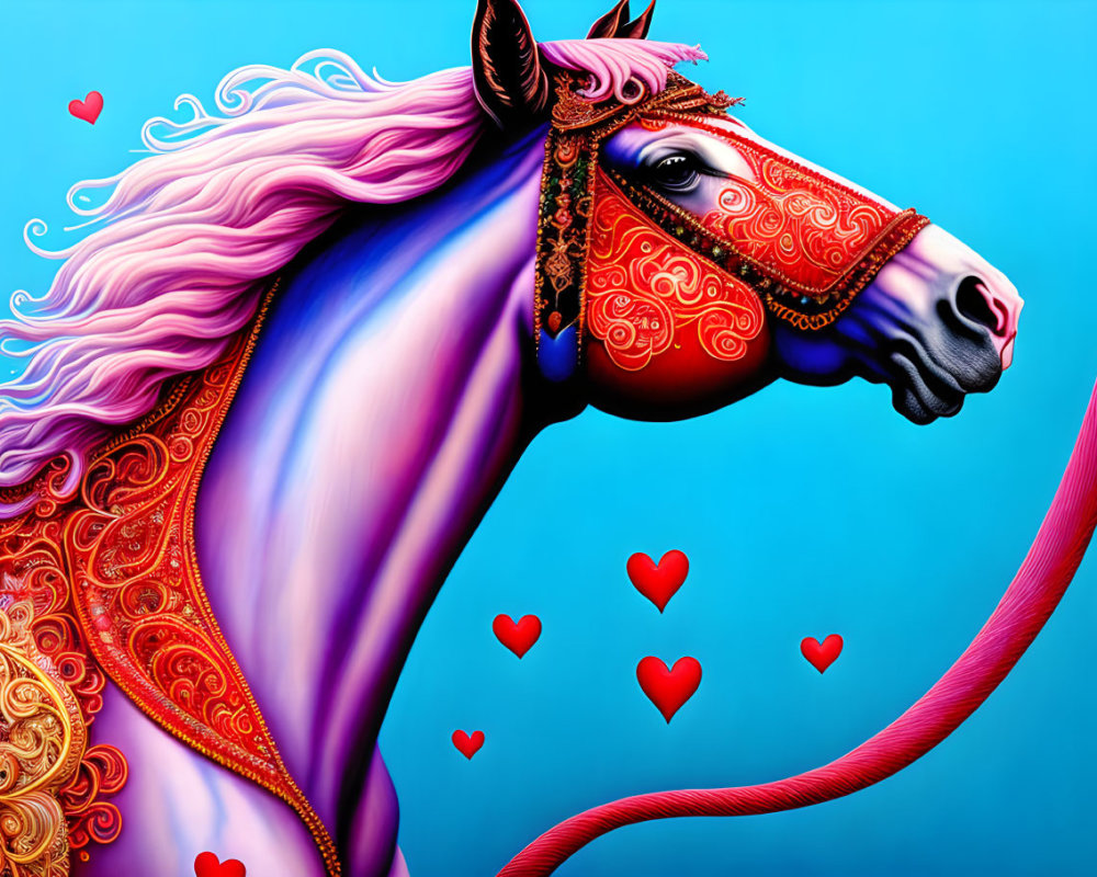 Colorful illustration of fantastical horse with purple mane and ornate red bridle on blue background with