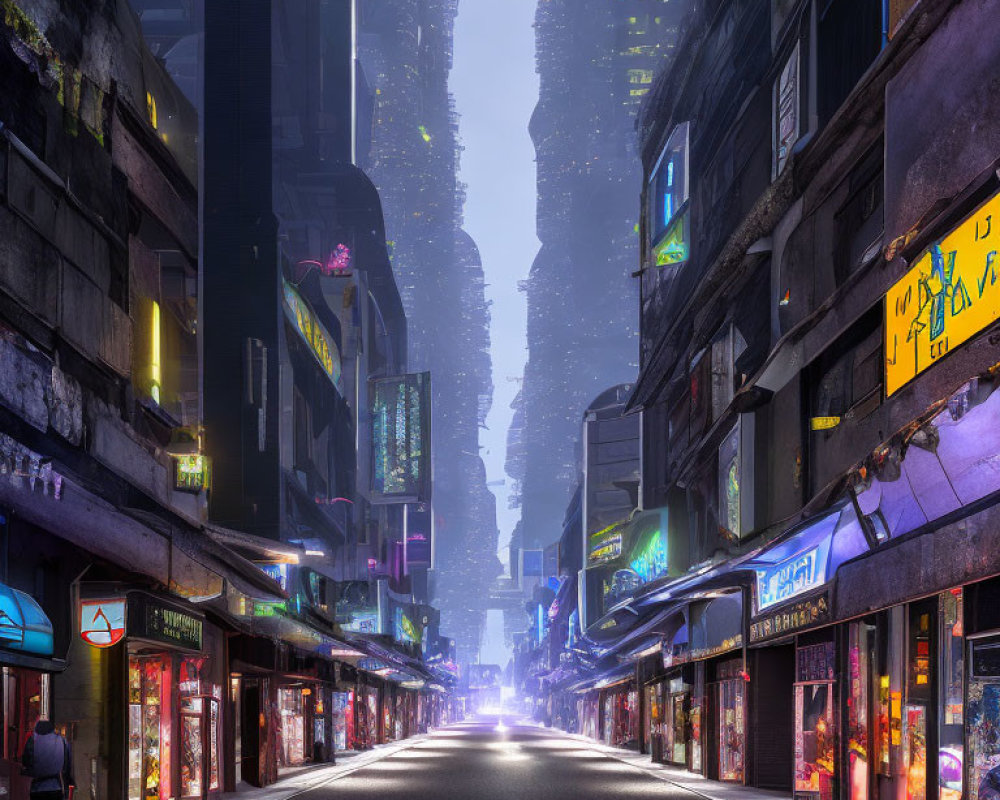 Futuristic cityscape with neon signs and skyscrapers in misty twilight