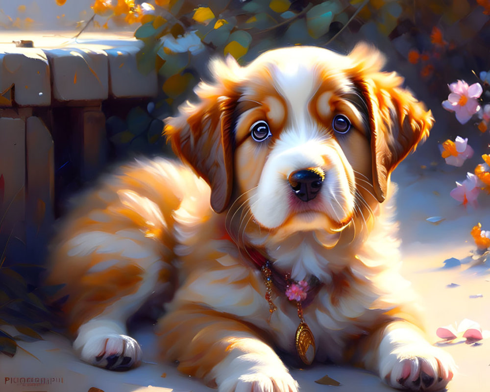 Brown and White Fluffy Puppy with Pendant Surrounded by Flowers in Sunlight