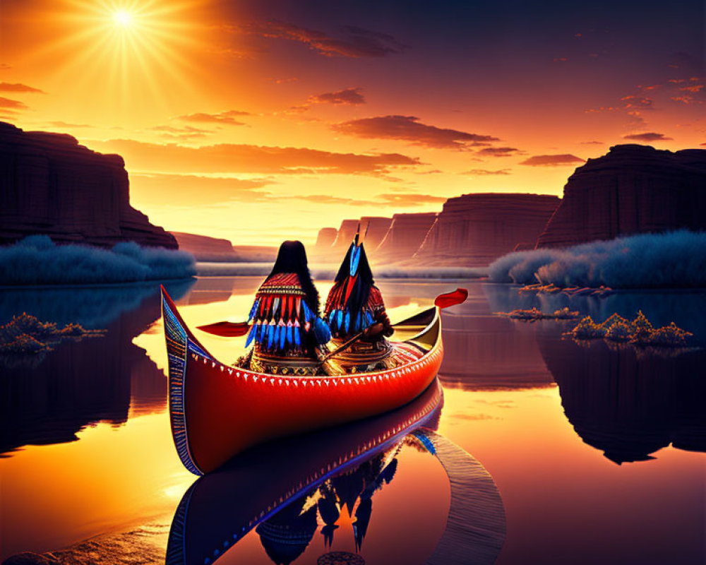 Traditional Attire Couple in Colorful Canoe at Sunset