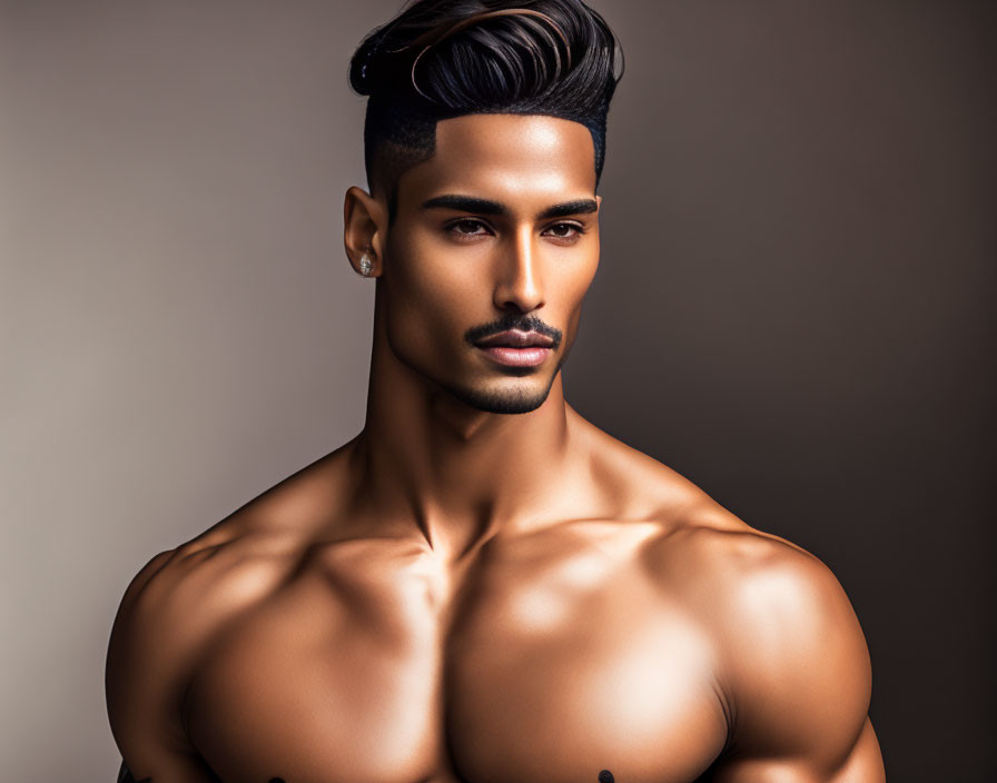 Muscular shirtless man with undercut hairstyle and beard.