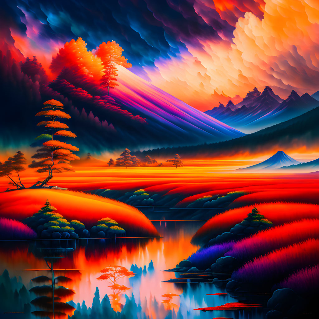 Colorful landscape painting: fiery trees, distant mountains, serene lake, dramatic sky with light rays.