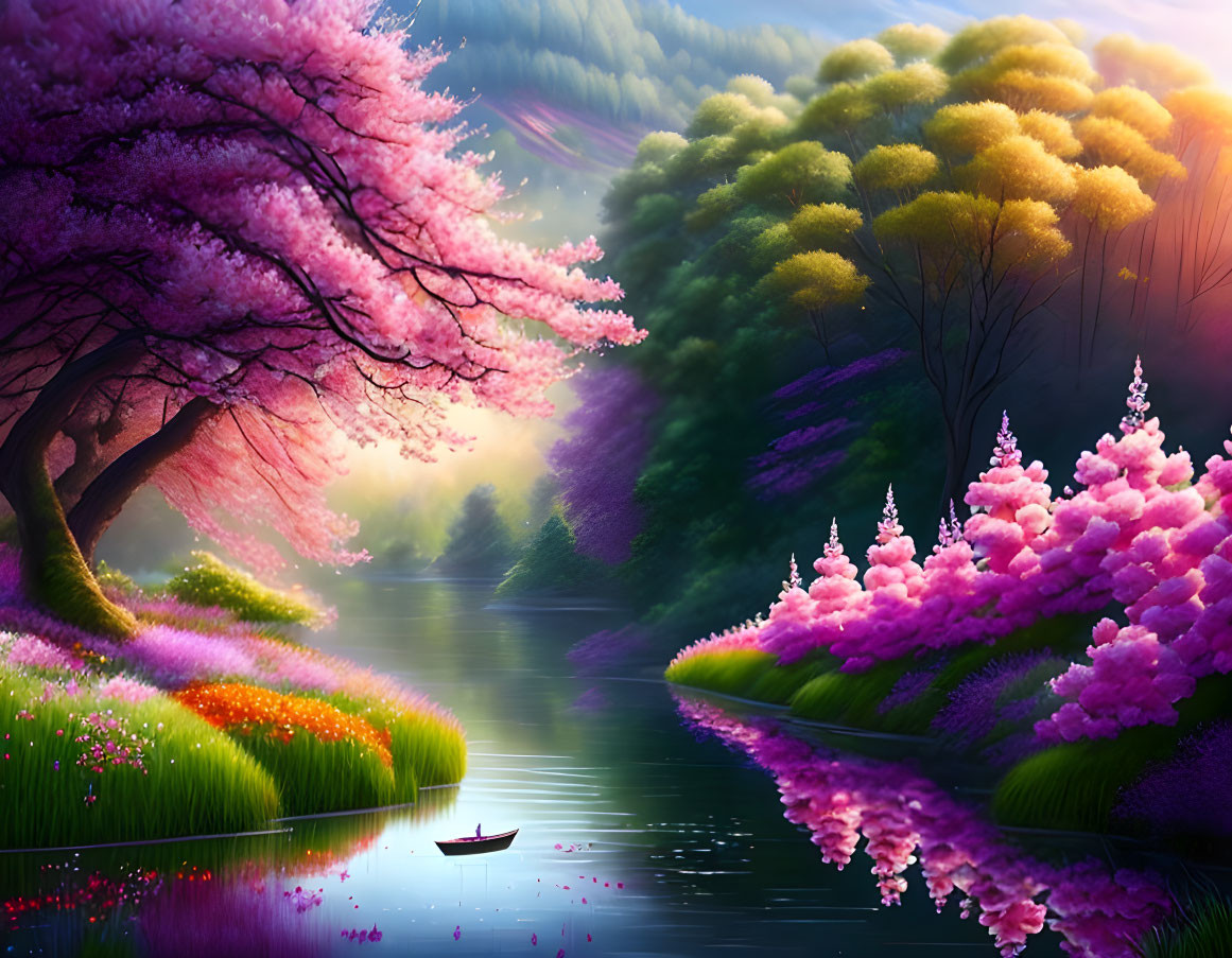 Tranquil river with blooming trees and boat in purple landscape