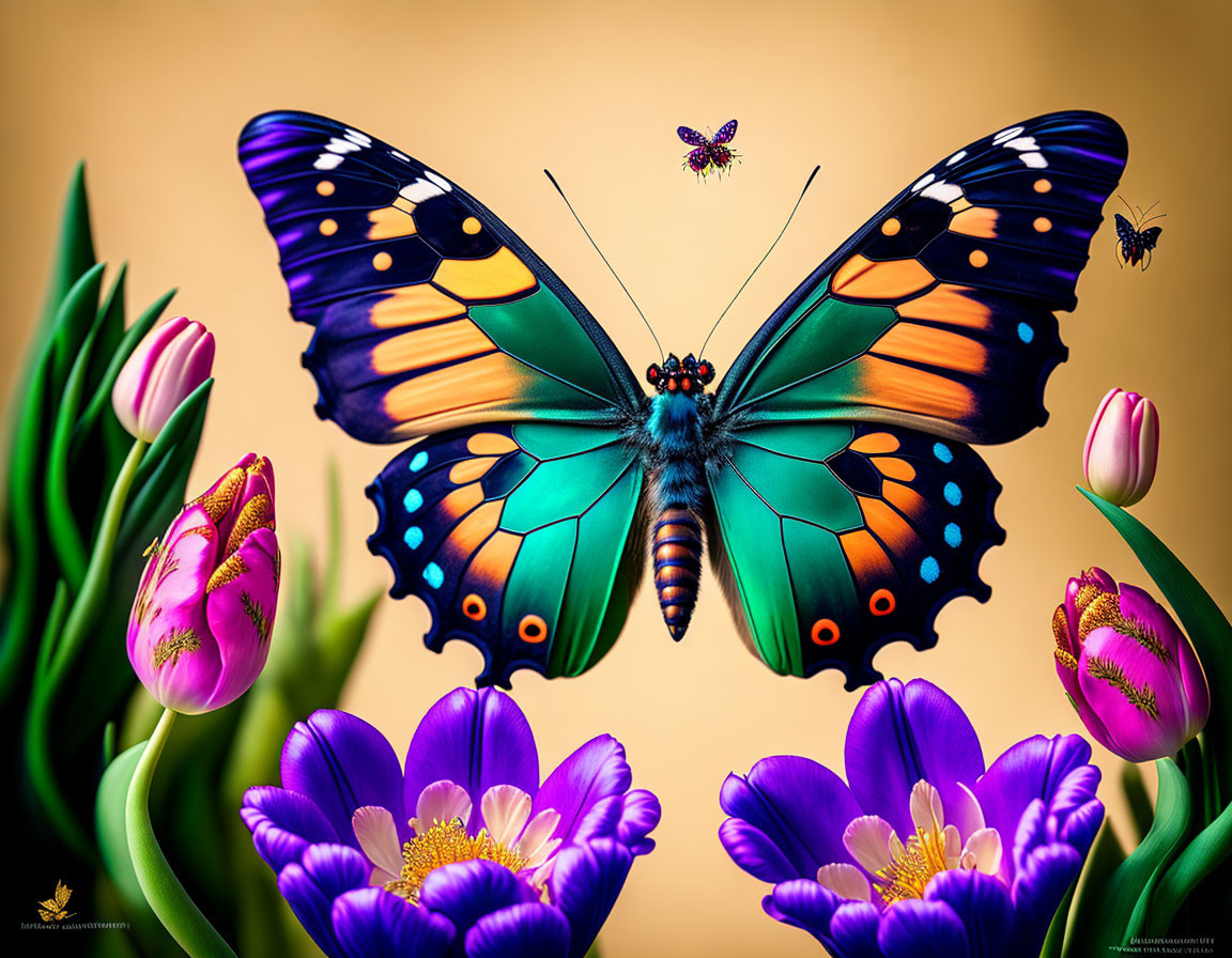 Colorful butterfly surrounded by tulips, crocuses, and smaller butterflies